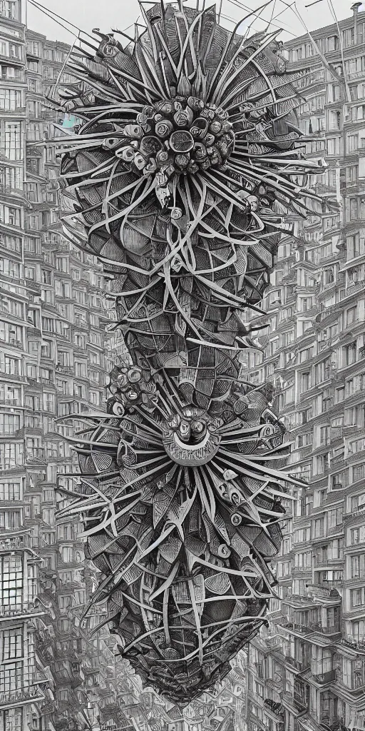 Image similar to colossal MC Escher flower in the middle of post soviet constructivist cityscape, Stalinist architecture, ultradetailed, Intricate by Hayao Miyazaki and Josan Gonzalez and Giuseppe Arcimboldo and Wes Anderson and H.R. Giger