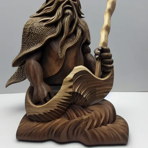 Image similar to wooden sculpture of a bearded viking fighting cthulhu, polished maple, thoughtful, elegant, real