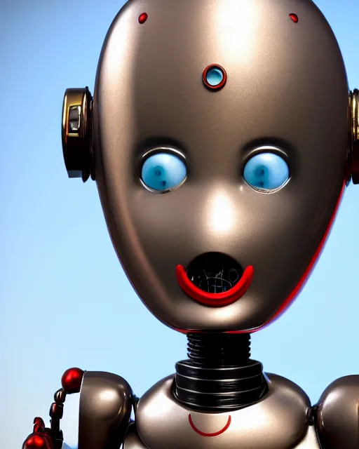 Prompt: highly detailed closeup, face profile portrait of a tin toy retro 1 9 5 0 s robot, bikini, unreal engine, max fleischer, global illumination, detailed and intricate environment