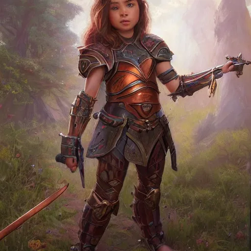 Prompt: pokimane wearing copper armor with sword and shield, small stature, short size, cute and adorable, pretty, aesthetic forest, portrait, matte fantasy painting, DeviantArt Artstation, by donato giancola, ralph horley, loish, cinematic lighting