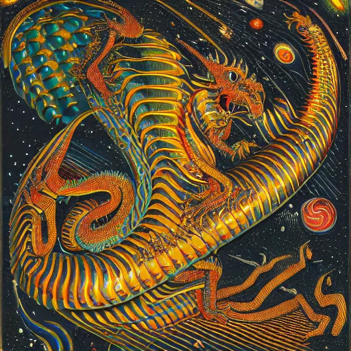 Image similar to composed by howard arkley, by beeple, by jean auguste dominique ingres. a body art of a dragon in space. the dragon is in the foreground with its mouth open rows of sharp teeth. coiled & ready to strike, its tail is wrapped around a star in the background. background is full of stars & galaxies.