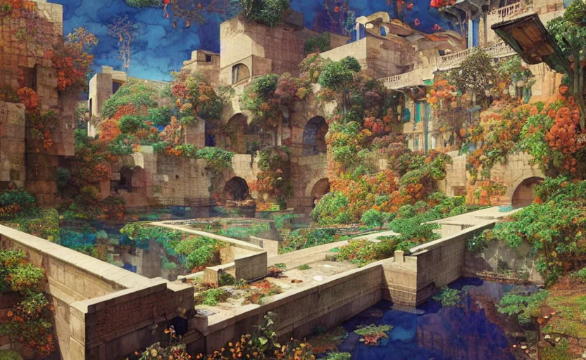 Image similar to tiled room squared waterway, aqueducts, fantasy. intricate, amazing composition, colorful watercolor, by ruan jia, by maxfield parrish, by marc simonetti, by hikari shimoda, by robert hubert, by zhang kechun, illustration, gloomy