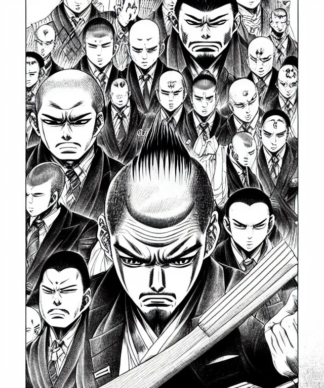 Prompt: A manga about a shaved-headed scarred yakuza. Sharp high quality manga, fine details, straight lines, solo, architecture in the background, masterpiece, highly detailed drawing by Kentaro Miura
