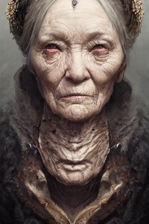 Prompt: A fancy portrait of a strange old women by Greg Rutkowski, Sung Choi, Mitchell Mohrhauser, Maciej Kuciara, Johnson Ting, Maxim Verehin, Peter Konig, Bloodborne, 8k photorealistic, cinematic lighting, HD, high details, dramatic, dark atmosphere, trending on artstation