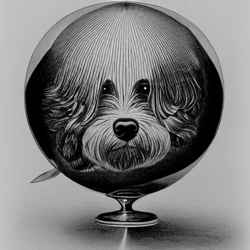 Prompt: self portrait of a havanese dog reflecting into a chrome sphere, pen on paper, by mc escher