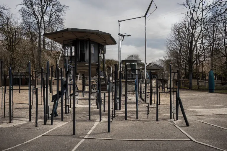 Image similar to dystopian authoritarian playground guards station around the area