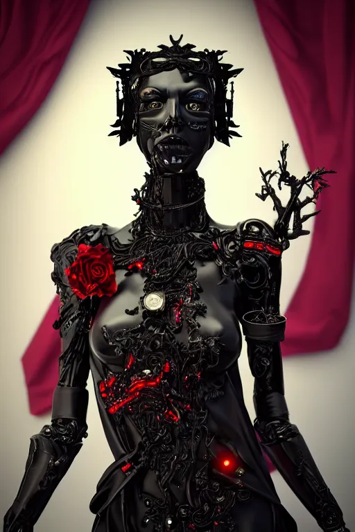 Prompt: full-body cyberpunk style sculpture of a young beautiful dark priestess, half android with a head opening exposing circuitry, glowing red eyes, black roses, flowing blood-red colored silk, fabric, candles. baroque elements, human skull, full-length view. baroque element. intricate artwork by Caravaggio. crows flying in background. Trending on artstation, octane render, cinematic lighting from the right, hyper realism, octane render, 8k, depth of field, 3D