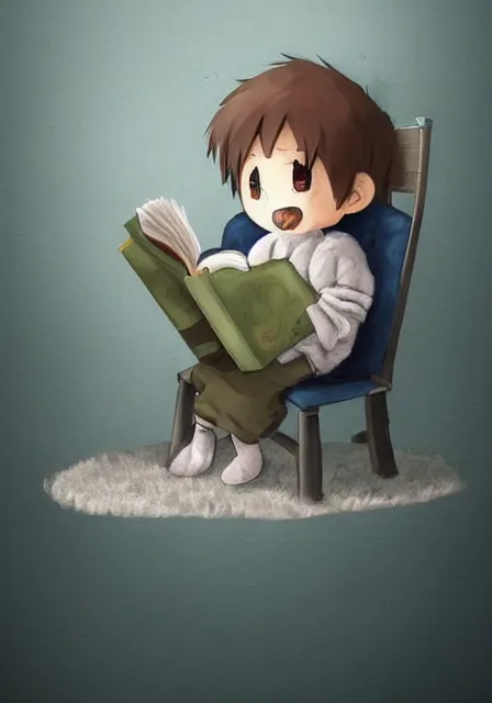 Prompt: beautiful little boy wearing sheep suit reading a book while sitting on chair, gray, blue, green and brown pallet color. made in abyss art style, inspired in kris from deltarrune, cute detailed artwork, anatomically correct, soft details, ilya kuvshinov, reflection, perfect composition, mobile wallpaper, illumination, helltaker