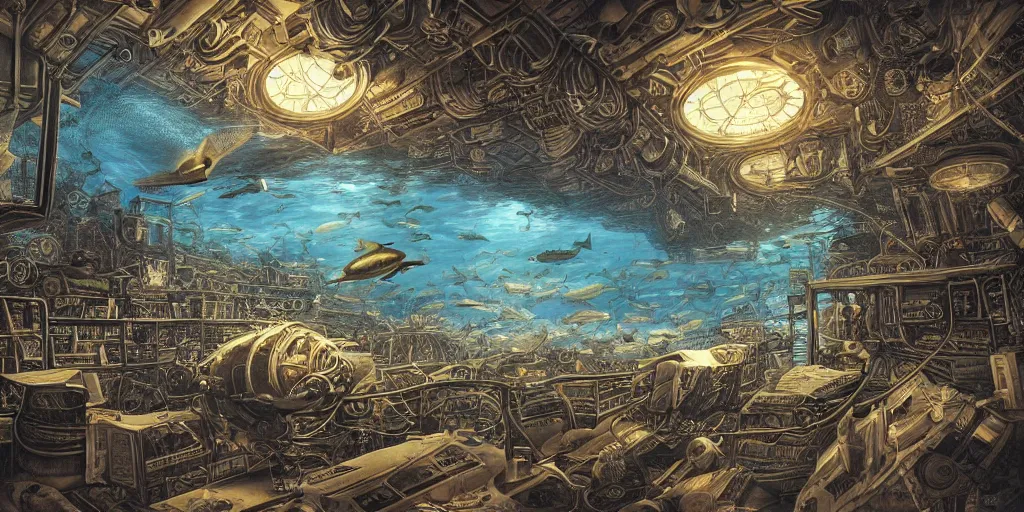Prompt: cyborg fly in sky steampunk oceanographer study, maps crowding the walls, bookshelves, paintings of ocean topography, sonar equipment, marine biologist lab, bookshelves, incandescent lighting, unreal engine, bibliopunk