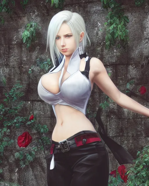 Image similar to tifa lockhart with white hair, beautiful face, very shy, elegant clothes, introverted, garden, utopian city, solarpunk, perfect, attractive, illuminated, ultra realistic, atmosphere, cinematic, artstation, highly detailed