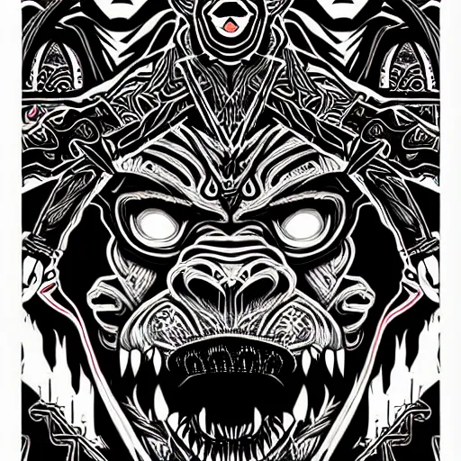 Image similar to barong family member, wiwek, mara demon, one single tribe member, jungle, one single mask, dark, ancient warrior, gorilla, lizard, tribal, black and white, red eyes, art by dan mumford