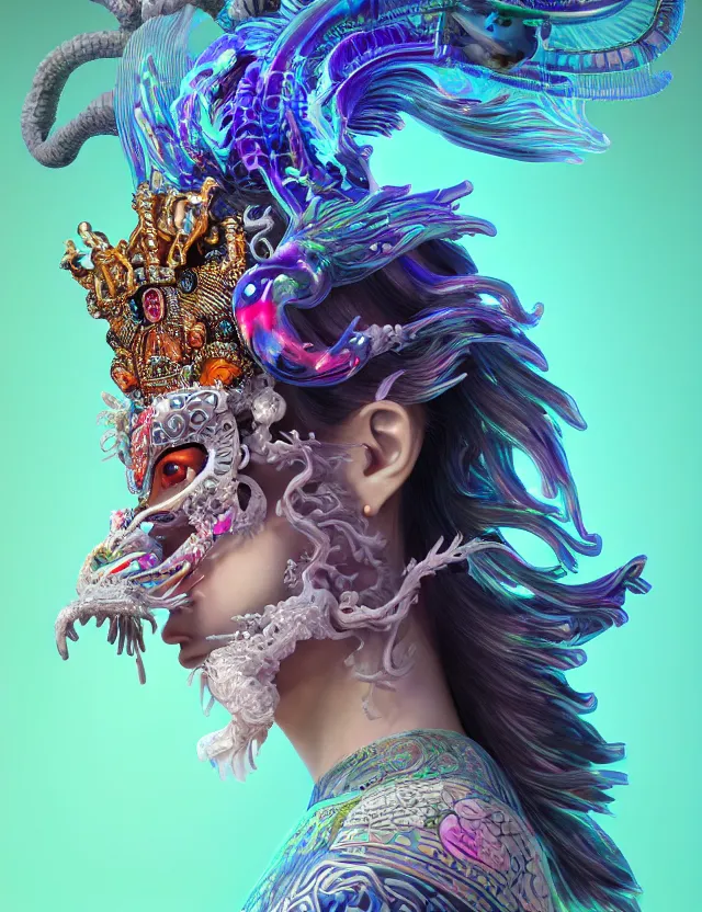 Image similar to 3 d goddess close - up profile portrait with crown, ram skull. beautiful intricately detailed neon japanese crow kitsune mask and clasical japanese kimono. betta fish, jellyfish phoenix, bio luminescent, plasma, ice, water, wind, creature, artwork by tooth wu and wlop and beeple and greg rutkowski