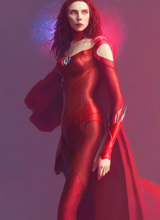 Image similar to Scarlet Witch, full body portrait, hyper detailed, digital art, trending in artstation, cinematic lighting, studio quality, smooth render, unreal engine 5 rendered, octane rendered, illustration, art style by klimt and wlop and nixeu and krenz cushart