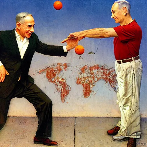 Image similar to benjamin netanyahu juggling, by norman rockwell and michael cheval