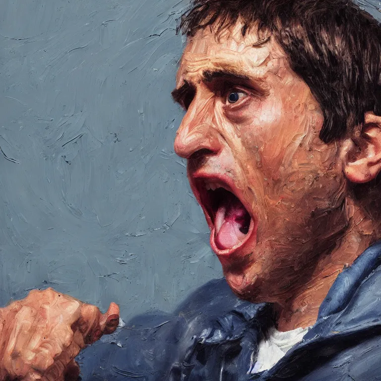 Image similar to warmly lit close up studio portrait of young angry!! screaming Steve Carell age 23 furious!, impasto oil painting thick brushstrokes by Lucian Freud and Cy Twombly and Tim Hawkinson , trending on artstation dramatic lighting Expressionism