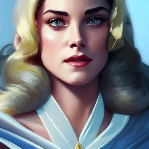 Image similar to A combination of Grace Kelly's and Kristen Stewart's and Ashley Greene's faces as She-Ra, western, D&D, fantasy, intricate, elegant, highly detailed, digital painting, artstation, concept art, matte, sharp focus, illustration, art by Artgerm and Greg Rutkowski and Alphonse Mucha