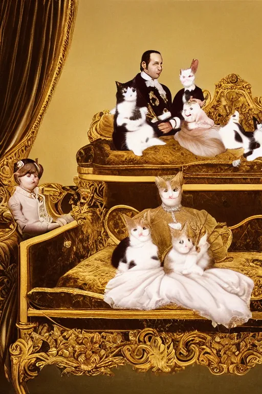 Image similar to a portrait of a royal cat and his family, on an embroidered velvet cushion on a neo - rococo gilded little bed, by yousuf karsh, photorealistic, photography, wide shot