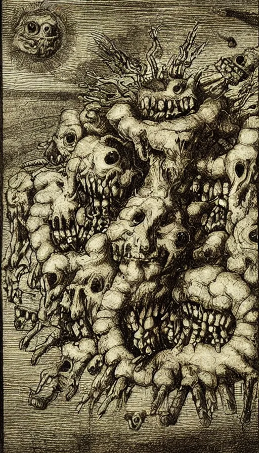 Image similar to a storm vortex made of many demonic eyes and teeth, by leonardo da vinci