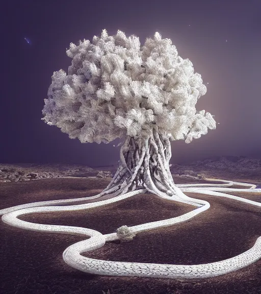 Image similar to surreal white tree made of snakes, ancient and futuristic in the desert, foggy sky, dark night, octane render, unreal engine, pale colors, high detail, 8 k, wide angle, trending on artstation, behance