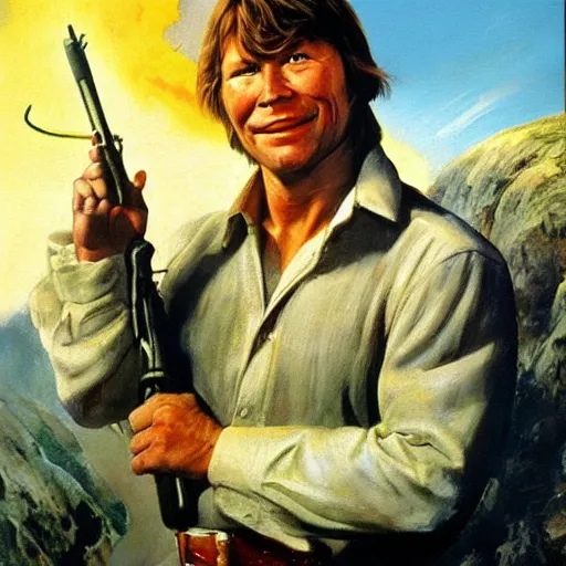 Prompt: ultra realistic portrait painting of john denver setting off a nuke in west virginia, art by frank frazetta, 4 k, ultra realistic, highly detailed, epic lighting