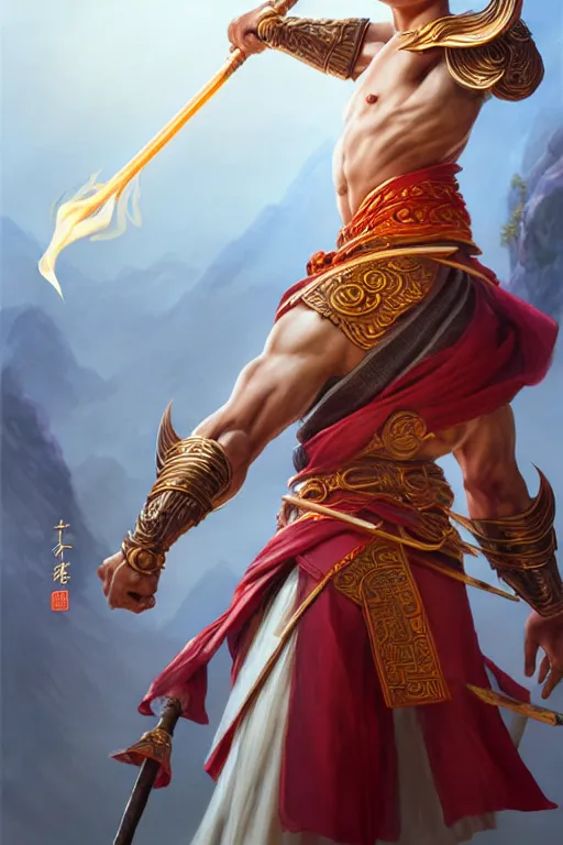 Image similar to handsome nezha, highly detailed, man holding spear, flame everywhere, epic pose, masterpiece chinese fantasy character portrait, highly detailed, digital painting, trending on artstation, concept art, sharp focus, illustration, global illumination, ray tracing, realistic shaded, art by artgerm and greg rutkowski and fuji choko and viktoria gavrilenko and hoang lap