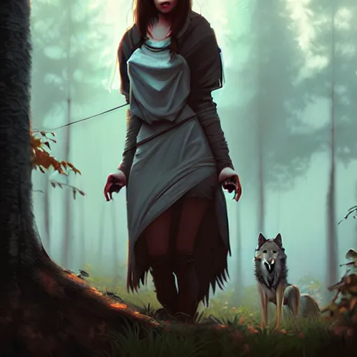 Prompt: a pretty girl surrounded by wolves, in the woods, digital painting, photorealistic, in the style of greg rutkowski, full body, detailed face, cinematic