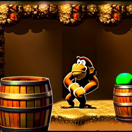 Image similar to Donkey Kong in a beautiful mine with shiny crystals on the wall and floating barrels. Unreal engine.