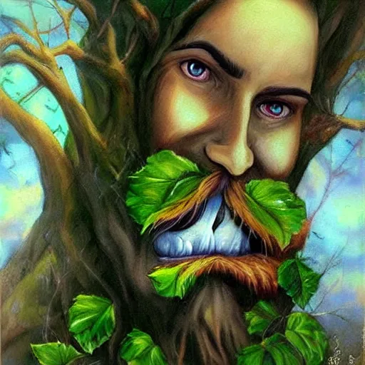 Prompt: a magic talking tree ent with eyes, smiling mouth and a moustache, fantasy concept art, oil painting by dorina costras, by artgerm