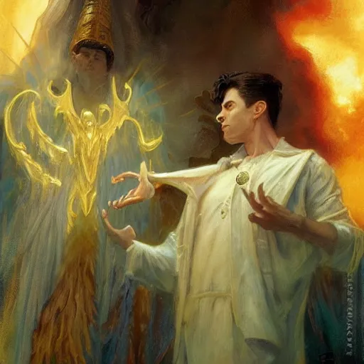 Image similar to attractive magician casts dark spell, summoning attractive lucifer morningstar. highly detailed painting by gaston bussiere, craig mullins, j. c. leyendecker 8 k