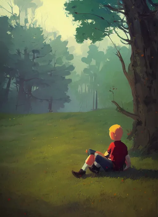 Image similar to impressionistic painting of a boy sitting on a hill in the woods, concept art by atey ghailan, featured on artstation, plein air, official art, 2 d game art, artstation hd, painterly