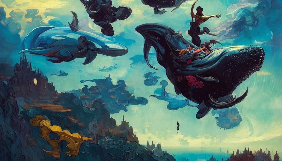 Prompt: man flying silhouette overlooking a multiversal otherworldly realm with flying whale with chic streets and shops and lush volcanic garden and intricate luxurious scifi homes, allegorical style, by peter mohrbacher, jeremy mann, francoise nielly, van gogh, ross tran, beautiful, award winning scenery, clean details, serene