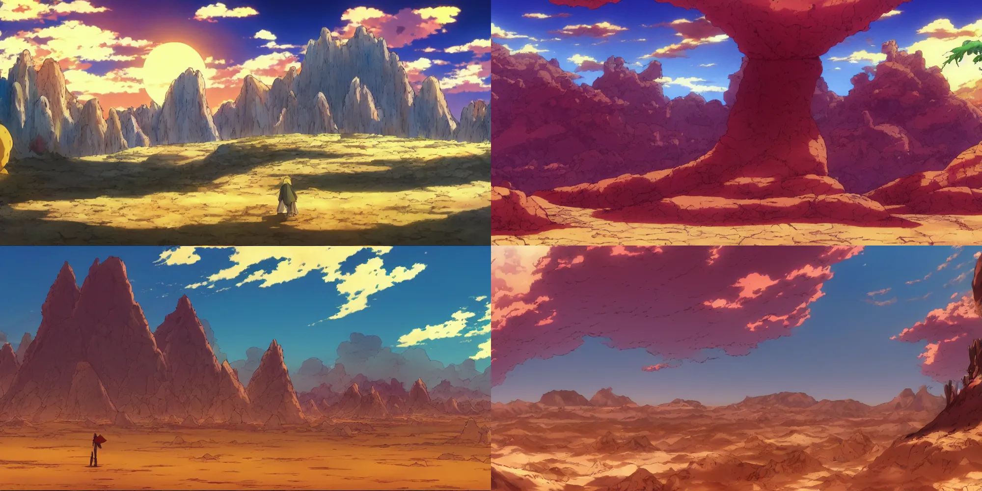 Prompt: a beautiful screenshot of the blistering desert from the anime by Hayao Miyazaki, landscape background, anime pixiv