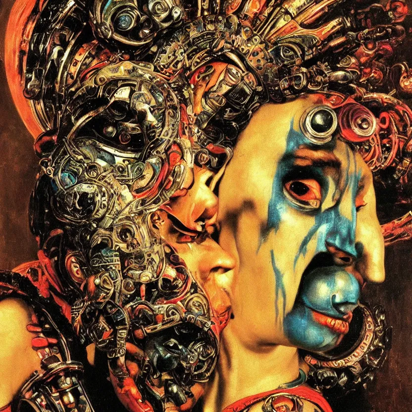 Prompt: a baroque close - up portrait of a fantasy alien cyborg shaman god wearing facepaint and a colorful futuristic aztec headset with metallic technology, holding a bird. cosmic black background. intense lighting. highly detailed science fiction fantasy painting by norman rockwell, moebius, frank frazetta, syd mead, and sandro botticelli. high contrast. renaissance masterpiece. artstation.