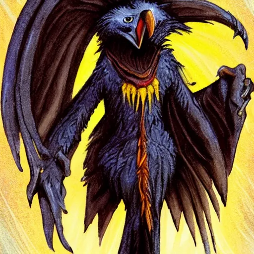 Prompt: An anthropomorphic raven wearing frayed yellow robes while worshipping a black hole. Character art. D&D.