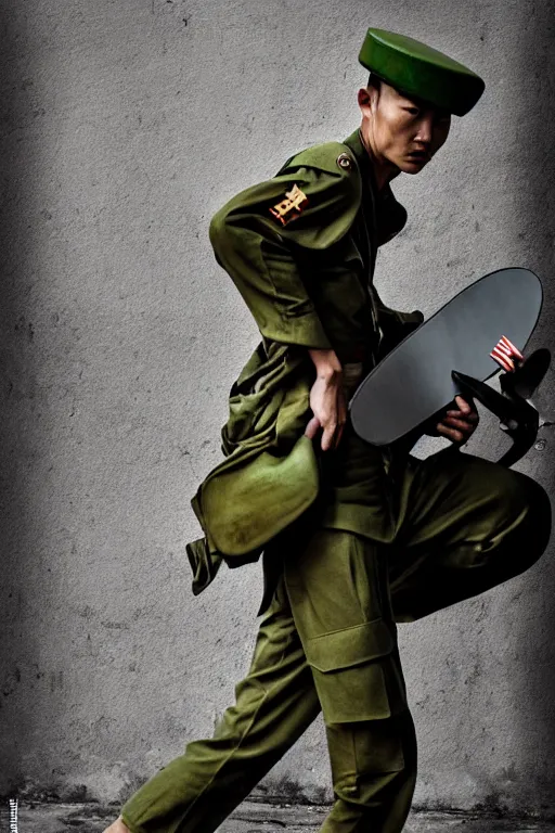 Image similar to vietnam soldier with skateboard, photography, pulitzer style, hyperrealistic, vogue magazine photo style, dynamic composition, intricate, comfort posse, smooth, sharp focus, captured by nikon d 8 5 0, 4 k, full body. by daniel berehulak