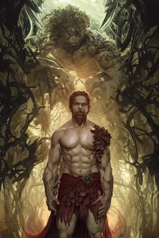Prompt: portrait of seth green as a very pale hulking herculean demon, forest, godlike, full body, fantasy, intricate, elegant, highly detailed, digital painting, artstation, concept art, sharp focus, illustration, art by artgerm and greg rutkowski and alphonse mucha