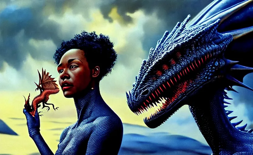 Image similar to realistic detailed photorealistic film close up portrait shot of a beautiful black woman with, sci-fi landscape with a drogon on background by Denis Villeneuve, Amano, Yves Tanguy, Alphonse Mucha, Ernst Haeckel, Andrei Tarkovsky, Edward Robert Hughes, Roger Dean, rich moody colours, wide angle, blue eyes