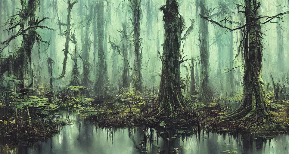 Image similar to A dense and dark enchanted forest with a swamp, by John Berkey