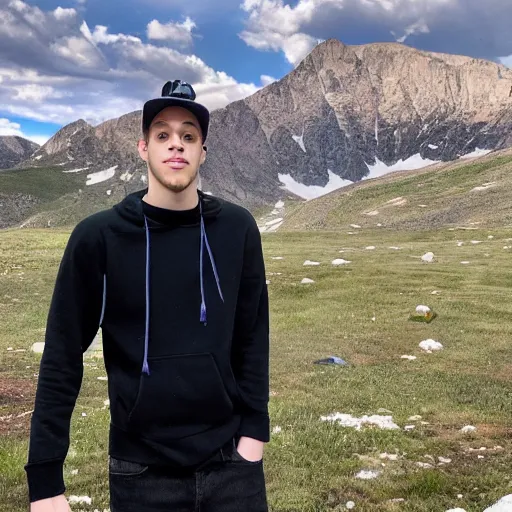 Prompt: pete davidson in colorado mountains in the background