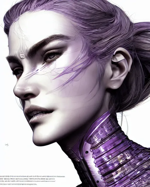 Image similar to close up portrait of a woman in smooth purple sci - fi armor, long black ponytail, elegant, intense, woman, an ultrafine hyperdetailed illustration by kim jung gi, irakli nadar, intricate linework, sharp focus, bright colors, octopath traveler, final fantasy, unreal engine 5, global illumination, radiant light