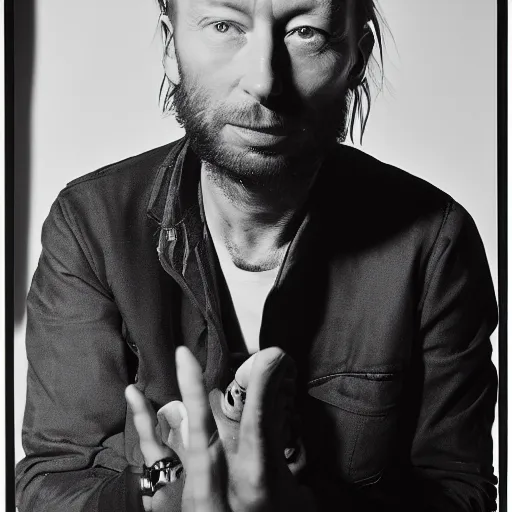 Image similar to Smiling Thom Yorke, with a beard and a black jacket, a portrait by John E. Berninger, dribble, neo-expressionism, uhd image, studio portrait, 1990s