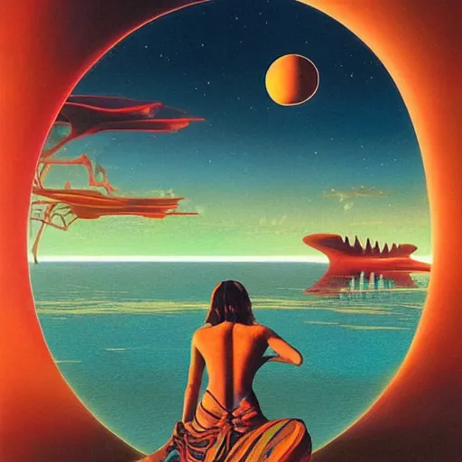 Prompt: a desert and an ocean on a strange planet, by bruce pennington, by sam freio, by thomas rome, by victor mosquera, juxtapoz, behance, dayglo, prismatic, iridescent