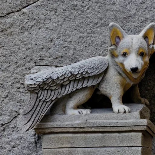 Image similar to corgi gargoyle with wings made of stone, uncropped, photography