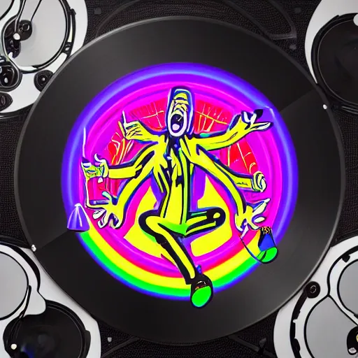 Image similar to svg sticker of a Dancing-Alex-Grey-Psychedelic-Rave-Man, at a rave, spinning records, giant headphones rocking out, wearing headphones, huge speakers, dancing, rave, DJ, spinning records, digital art, amazing composition, rule-of-thirds, award-winning, trending on artstation, featured on deviantart