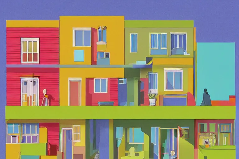 Prompt: a colorful flat 2 dimensional illustration of a cross section of a house, a storybook illustration by muti and tim biskup, minimalism, featured on dribble, arts and crafts movement, behance hd, storybook illustration, dynamic composition