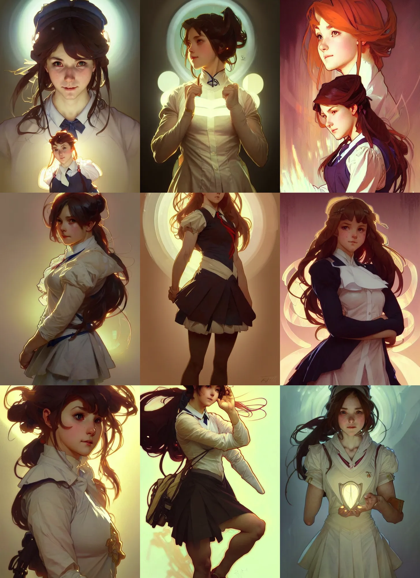 Prompt: a digital concept art by artgerm and greg rutkowski and alphonse mucha. clear portrait of a squatting attractive school girl in uniform!!, light effect. hyper detailed, character concept, glowing lights!! intricate, elegant, digital painting, artstation, smooth, sharp focus