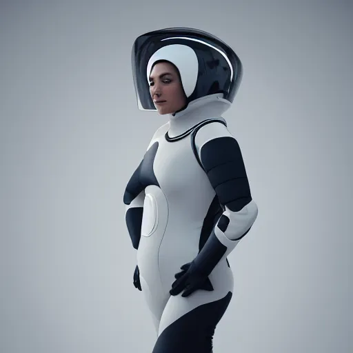 Image similar to full body portrait of a woman in a sleek space suit, futuristic helmet, science fiction, 8k