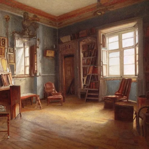 Prompt: painting of the room of an artist, very detailed