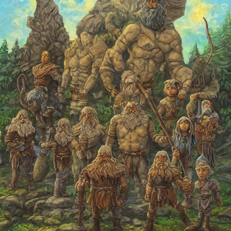 Prompt: a beautiful painting in the style of larry elmore of a stone golem standing center frame with his stone arms around his dwarf wizard and elf rogue friends at summer camp