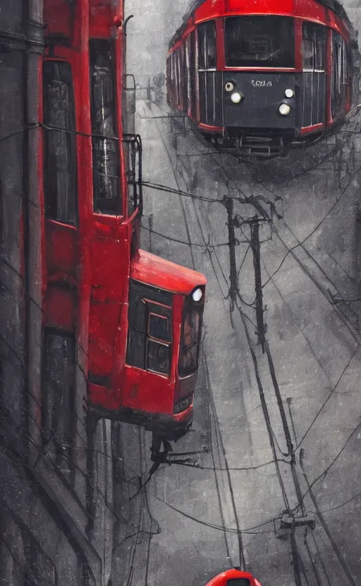 Prompt: red evil tram. old locomotive. very low angle. very detailed painting by ghibli studios, futuristic. dreamlike. weird. horrific. wet asphalt. city street at 1 9 5 0 s. low angle. old photo. atmospheric. skyscrapers. vivid colours, mysterious. epic scene. 4 k. hyper detailed.